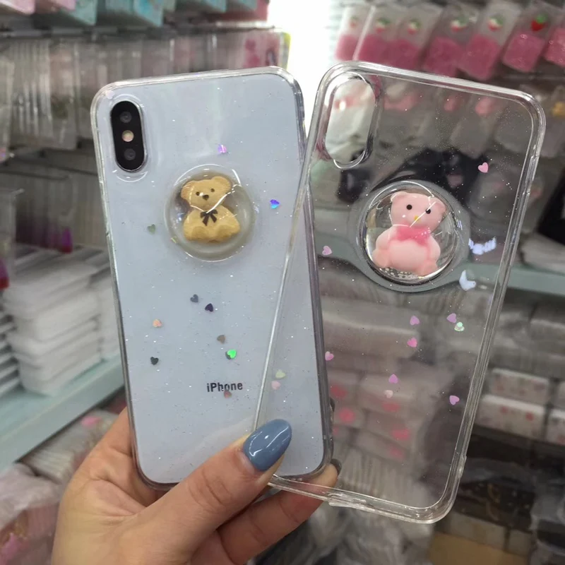 

Transparent Cute 3D Bear Phone Case For iphone 6 6s 7 8 plus X XS XR XS MAX Lovely Heart Glitter Bling Soft Cover Coque