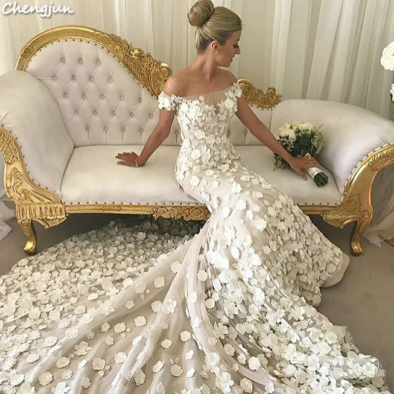 Chengjun Ivory Flower Very Pretty Luxury Mermaid Off Shoulder Wedding Dress