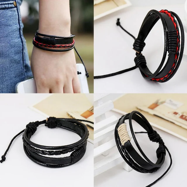Sale 1pc Fashion Men Cool Leather Bracelet Weave Multilayer Surfing