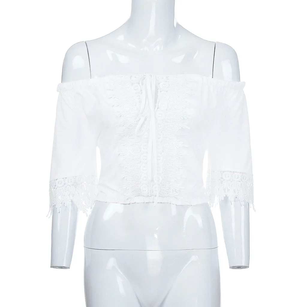 Харадзюку, Женские топы и блузки, летняя белая кружевная блузка, Готическая Женская одежда,, топ с открытыми плечами, половина рукава, блузка, блузы