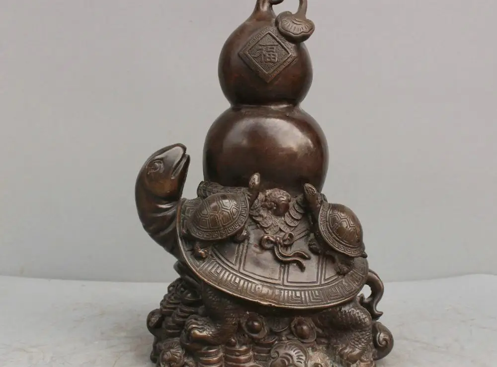 

13" Chinese Folk Gourd Gold Ingot And Tortoise Bronze Statue 33CM
