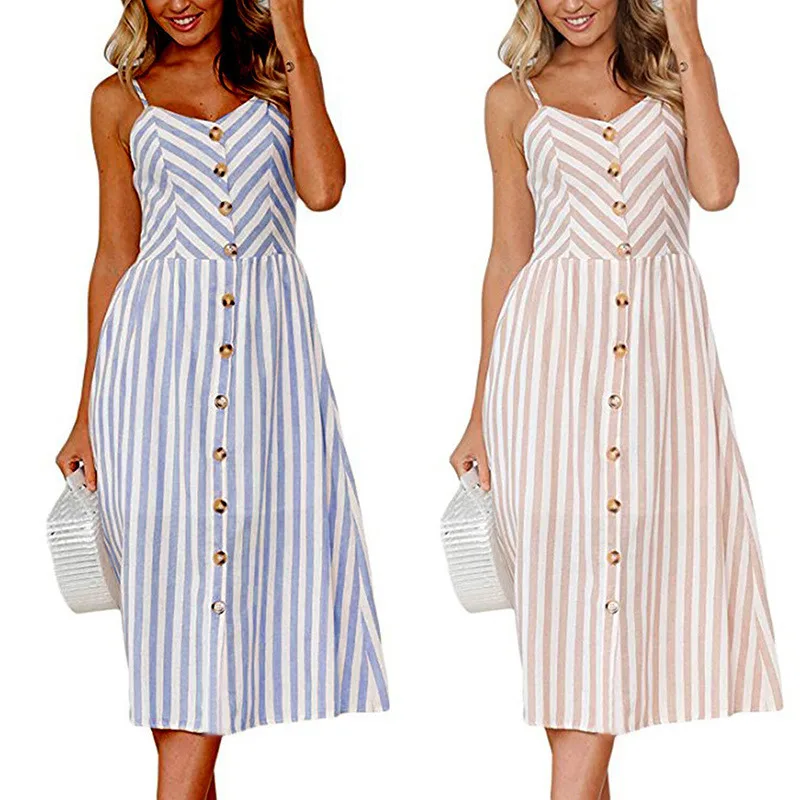 

Summer Women Print Casual Stretchy Button Dress Sexy Backless Spaghetti Strap High Waist Elegant Dresses Vestidos Big Size S-3XL