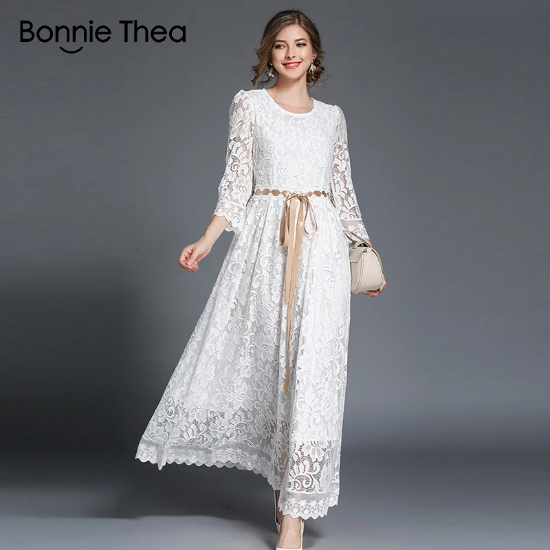 

2017 autumn women Elegant white lace maxi dress Three Quarter Sleeve O-Neck long Dresses fashion Sashes Office Lady party dress