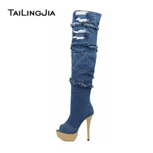 2016 New Arrival Blue Denim Boots Women Platform Thigh High Boots Peep Toe High Heel Over The Knee Boots stiletto Long Boots jeans denim gladiator fringe blue over the knee high thigh high autumn boots sexy open toe chunky heel women boots