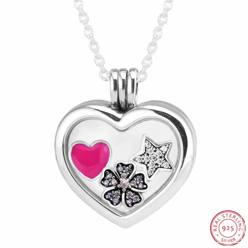 

925 Sterling Silver Floating Heart Locket Magenta Heart & Cherry Blossom & Star Petite Pendant Necklaces for Women 60cm FLN033-7