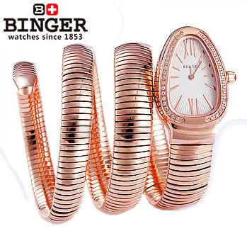 Hot sale Binger fashion Ruby watch beautiful CZ diamond jewelry Golden snake crystal Steel strap women