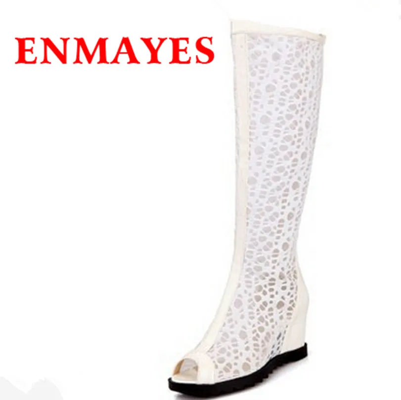 

ENMAYES 3 Colors White Shoes Woman New Women's Cut-Outs Fashion Shoes PU Boots Knee-High / Summer Boots Peep Toe Size 34-39