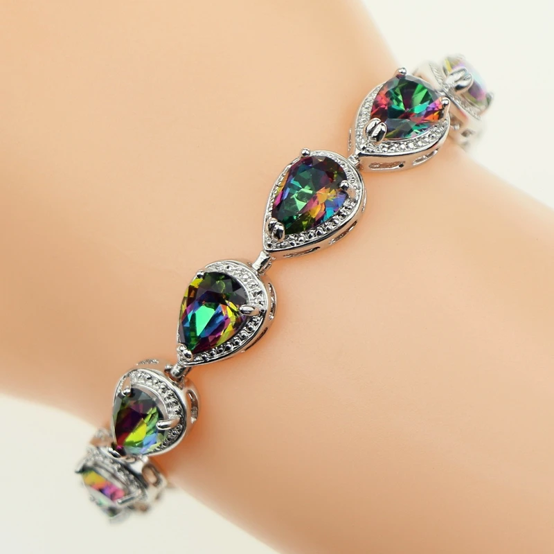 

Bridal Mystic Rainbow Fire Created Zircon 925 Sterling Silver Jewelry Water Drop Link Chain 18 20cm Bracelet For Women Free Box
