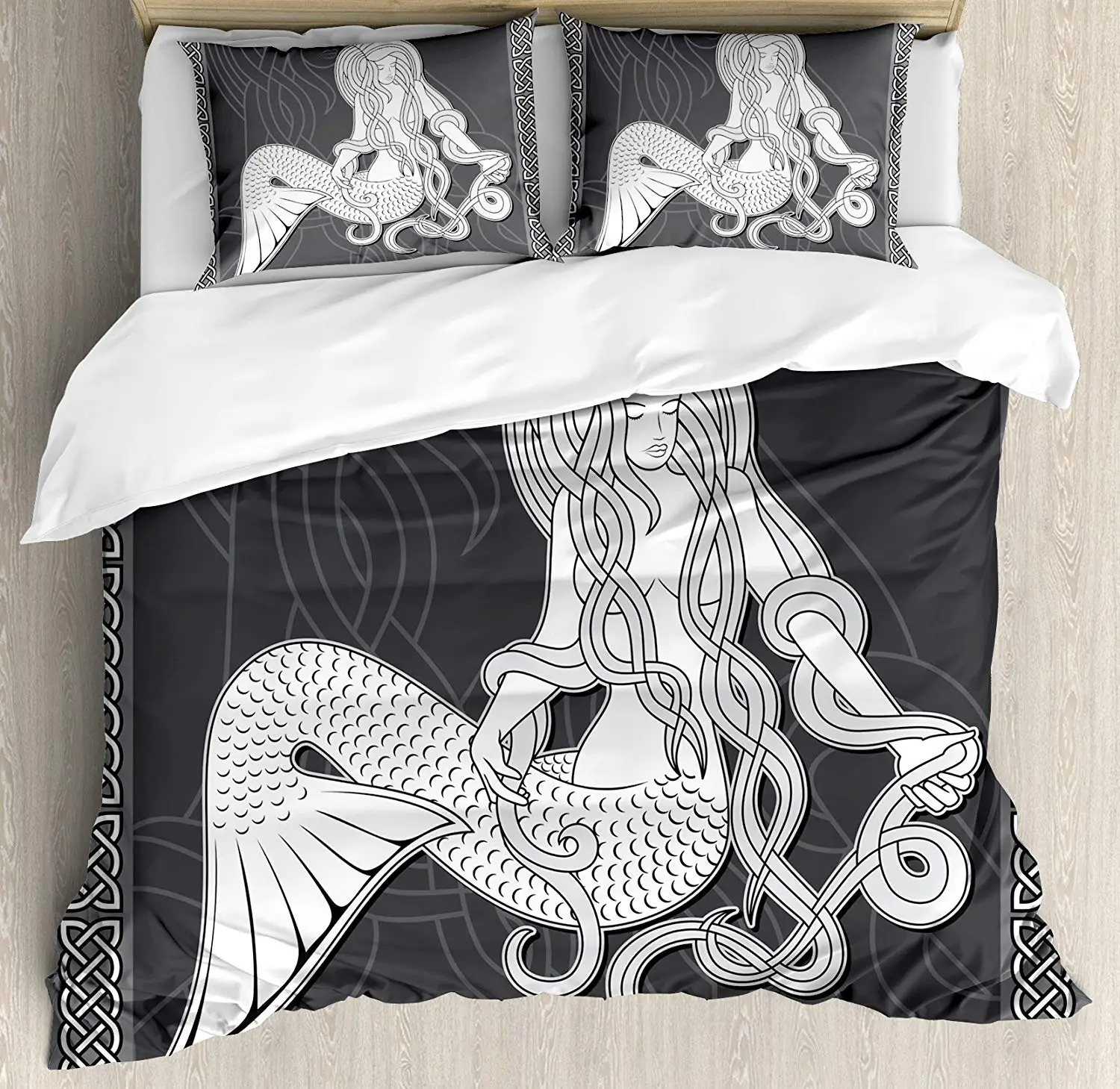 

Mermaid Duvet Cover Set Retro Style Art Mermaid Brushing Hair and Border with Celtic Patterns Print 4 Piece Bedding Set