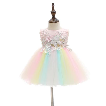 

5325 Retail Rainbow Embroidery Infant Toddler Princess Baby Girls Dresses Wedding Party Kids Dresses For Girls baby girl clothes