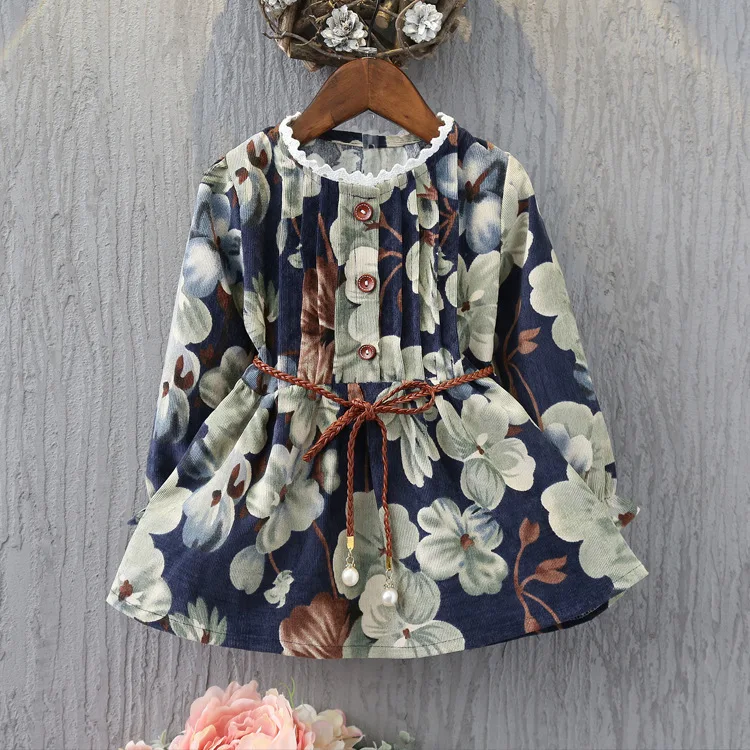 WNLEIGEL девочек весна-осень цветочные платья для детей с круглым вырезом платье принцессы с длинным рукавом для маленьких девочек темно-синие