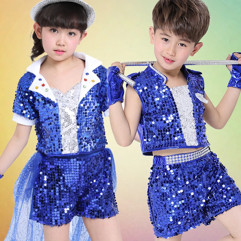 

20set/lot Dark Blue Sequins Split Suits Jazz Dance Clothes Split Suits Children Dancewear Performance Stage Costume, 110-160cm