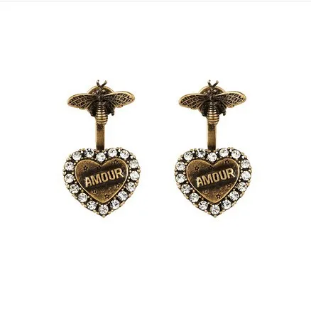 

Brand Vintage Crystal amour Heart stud earrings for women Bees earring pendant Baroque letter boucle d'oreille femme 2018