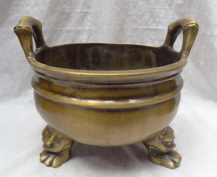 

Collectible bronze S1345 10" Tibet Bronze Buddhist FengShui Lion Head Statue Bowl Incense Burner Censer