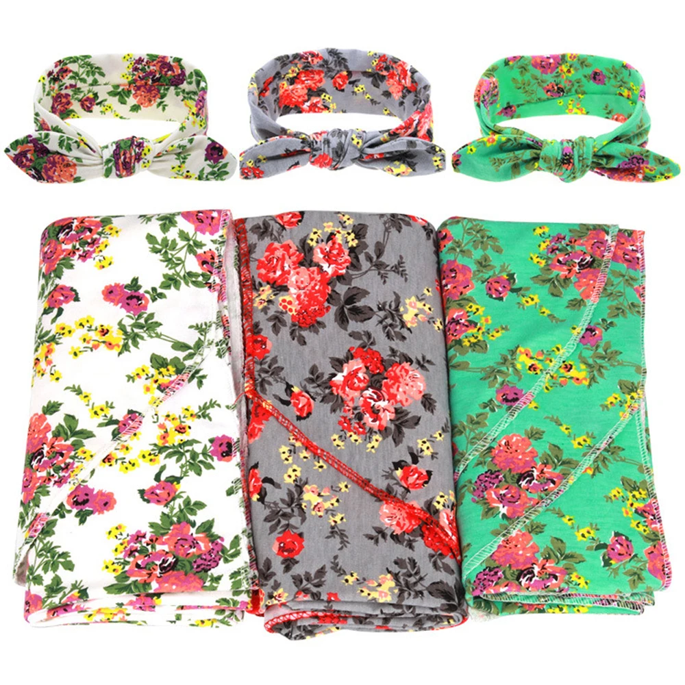 

1 Set 2016 Bohemia Lovely Unisex Girl Kid Boys Floral Swaddle Knit Blanket & Bow Knot Soft Cotton Headband Cloth Set 2016 Hot