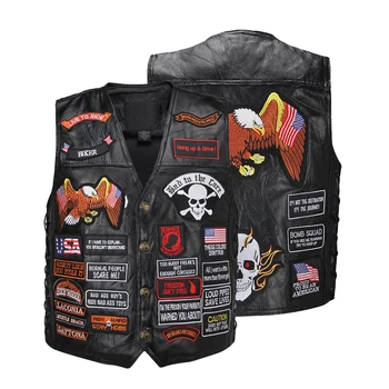 

Motorcycle Jacket Genuine Leather Motorcycle Vest Punk Retro Style 14/23/42/9/8/0 Patches Biker Club Casual Vest Clothing