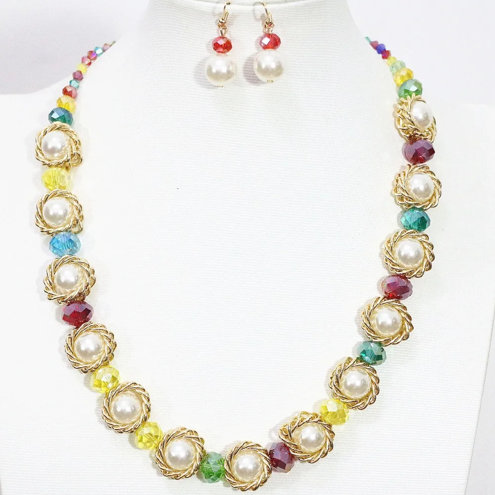 Женская мода цвета Радуги кристалл shell ожерелье жемчуг позолоченные серьги