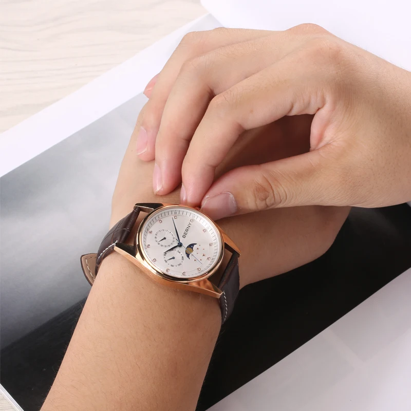 Япония Moon Phase кварцевые часы для женщин модные повседневные часы Роскошные розовое золото кожа водонепроницаемый дамы кварцевые наручные часы 2160L