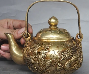 

marked chinese pure brass dragon phoenix statue Portable teapot Kettle tea pot