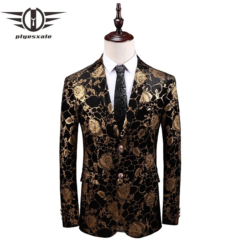

Plyesxale Black And Gold Blazer Men 2019 New Spring Slim Fit Floral Prom Blazers Flower Pattern Stage Clothing For Men Q424