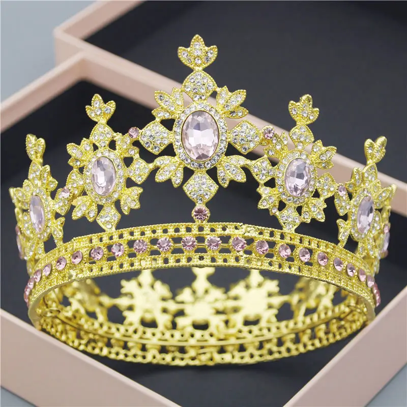 Queen King свадебная корона для женщин диадема невесты головной убор круглый диадемы и короны свадебные украшения для волос красивый головной убор - Окраска металла: Pink