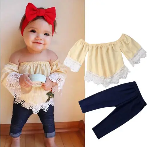

Summer Sweet Fashion Cute Kids Newborn Toddler Baby Girl Dot Yellow Vogue Off Shoulder Shirt Top + Jeans Trouser Outfit Clothes