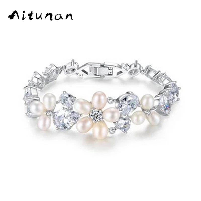 Aitunan Romantic Silver Color CZ Zircon Natural Freshwater Pearl Bracelet Flower Crystal Bracelets For Women Rice Jewelry | Украшения и