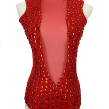 Новинка ; женские пикантные красные тонкие, акриловые стразы прозрачное Сетчатое полые DJ DS костюм танцовщицы для производительность боди