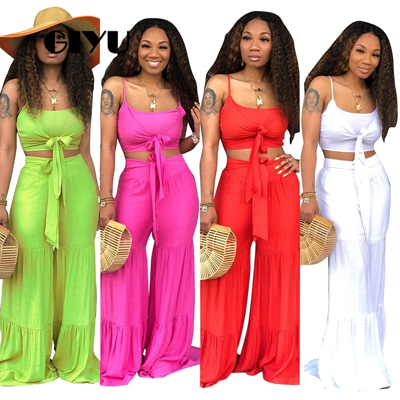 

GIYU Tie-up Women Sets Strap Crop Tracksuits High Waist 2 Piece Set Loose Wide Leg Overalls Casual ensemble femme