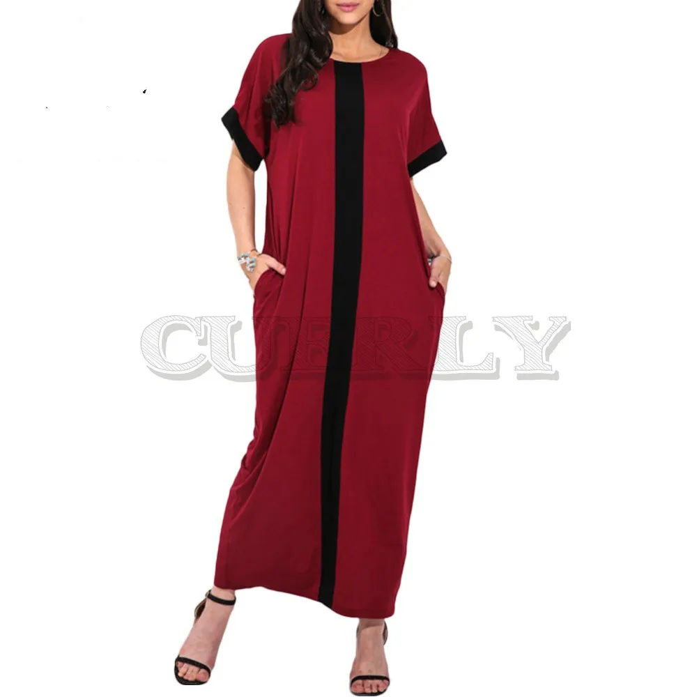 Image Women Plus Size 3XL 4XL 5XL Robe Dresses Contrast Panel Shirt Dress O Neck Short Sleeve Casual Loose Maxi Long Dress Summer 2019