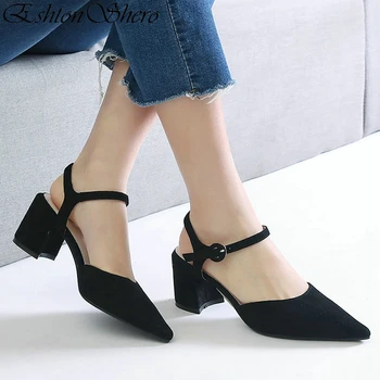 

EshtonShero Women's Shoes Woman Kid Suede Pumps Platform Square High Heels Pointed Toe Black Ladies Wedding Shoes Size 3-8