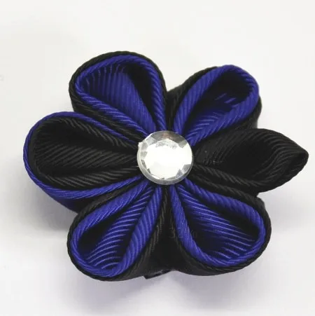 Electric Blue and black kanzashi Flower alligator clip
