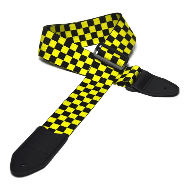 5cm Wide Yellow Black Guitar Bass Strap Checked Squared Cotton w/ Leather Head