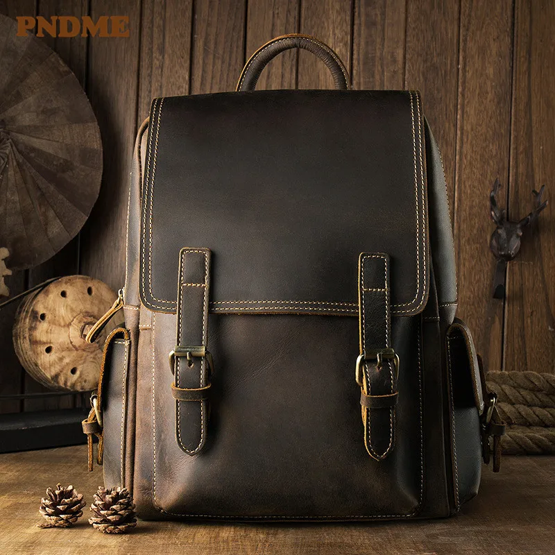 

PNDME vintage designer backpack men women high quality genuine leather bookbag simple crazy horse cowhide travel laptop bagpack