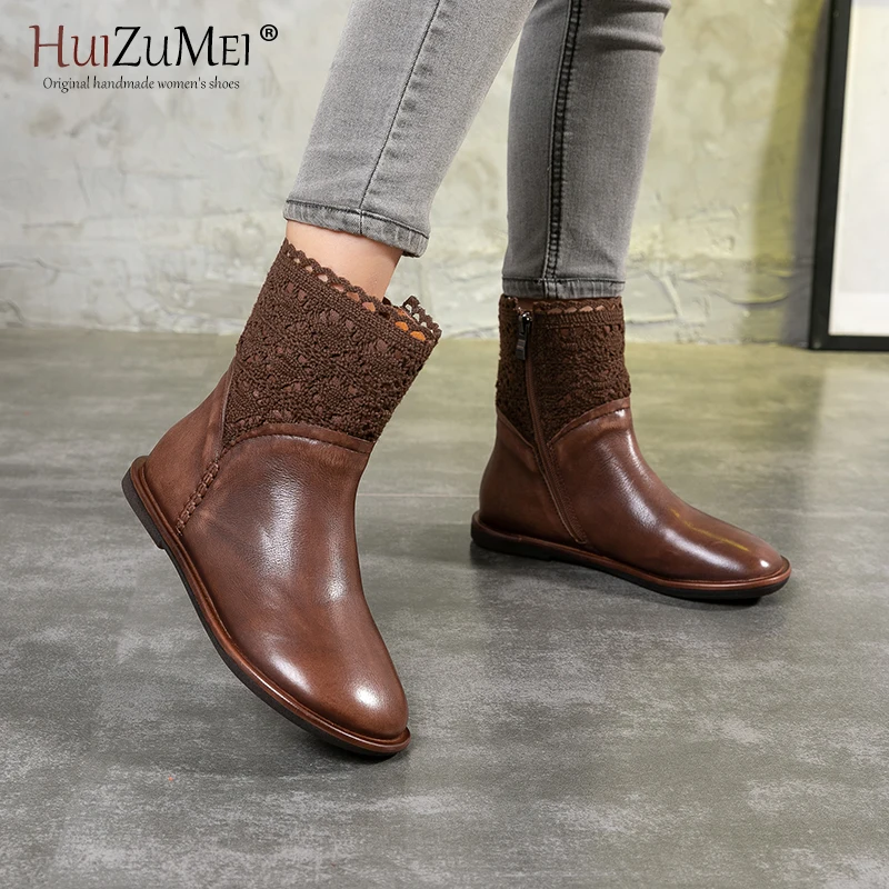 

HUIZUMEI Warm Shoes 2019 Autumn And Winter New Martin Boots Genuine Leather Zipper Shoes Hand-made Leather Fashion Knitting