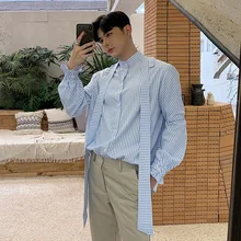 Мужская повседневная полосатая рубашка с длинным рукавом и воротником-стойкой, Мужская винтажная модная одежда, вечерние рубашки, одежда для сцены