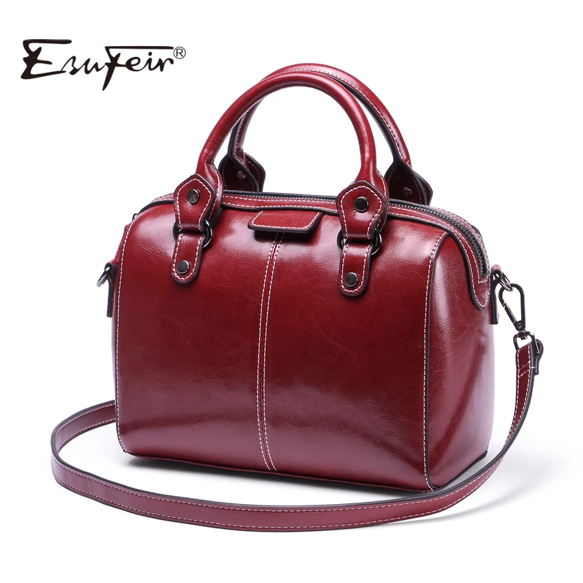 

2019 ESUFEIR Brand Genuine Leather Women Handbag Real Cow leather Shoulder Bag Fashion Design Boston Women Crossbody Pillow Bag