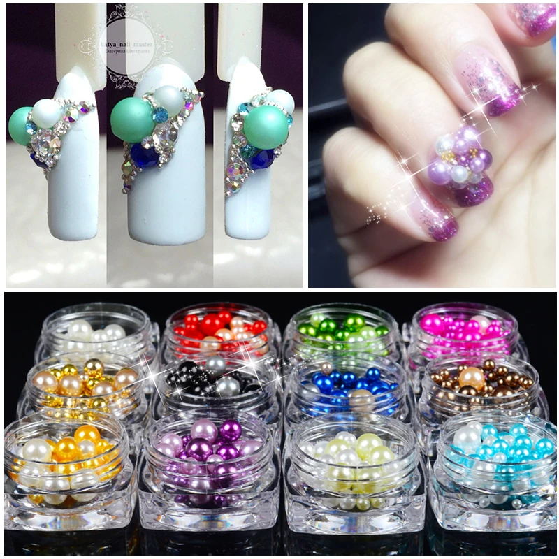 

YWK 1 Bottle Colorful Seashell Pearl Nail Rhinestones Full Round Beads Gel Polish Multi-size Manicure 3D Nail Art Decorations