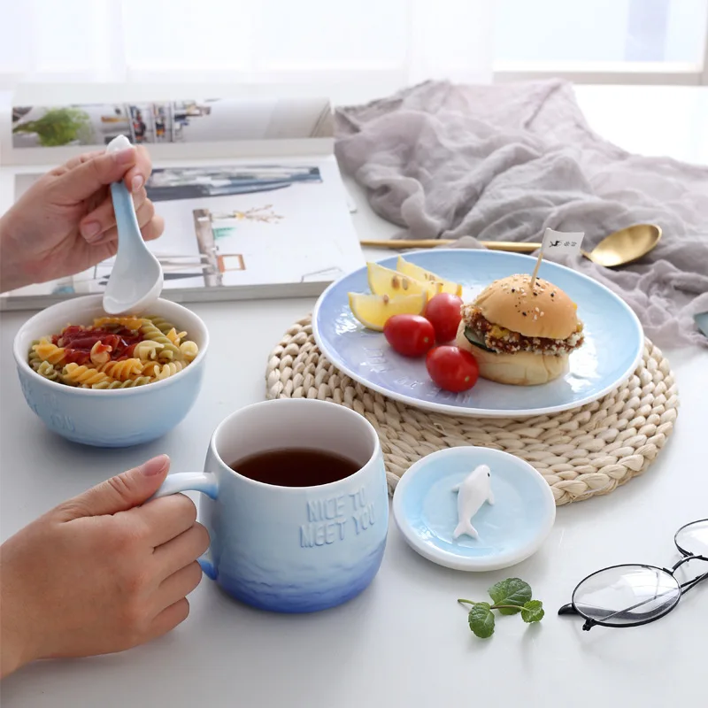 

Ceramic Steak Plate Cartoon Cute Rice Bowl Salad Bowl Household Children Tableware Bowl Spoon Set