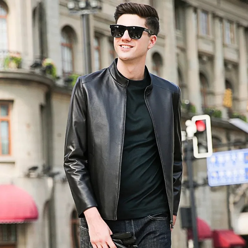 

Free shipping classical simple style black matte soft sheepskin men smart casual leather short coat genuine leather jacket