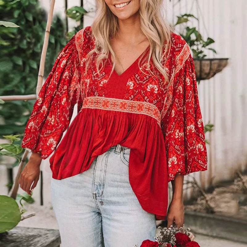 Boho blusa 2018 rojo de impresión Floral de larga cuello en Vintage camisas playa hippie Tops mujeres túnica blusas elegantes femme|Blusas y camisas| - AliExpress