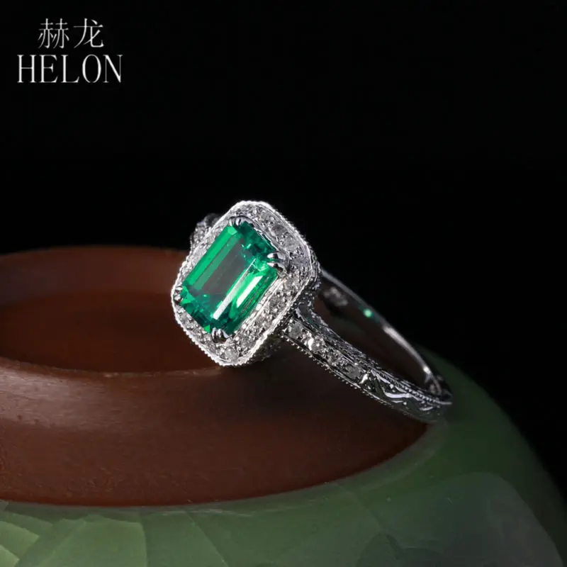 HELON 7X5 мм 0.81ct Изумруд проложить 0.2ct бриллианты хорошее Кольцо Настоящее 10 к белое золото обручальное свадебное Арт Деко женское Ювелирное кольцо