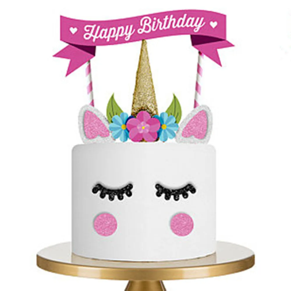 

Handmade Pink Unicorn Party Cupcake Decoration Happy Birthday Party Flag Baby Children Party Decor Cake decorations