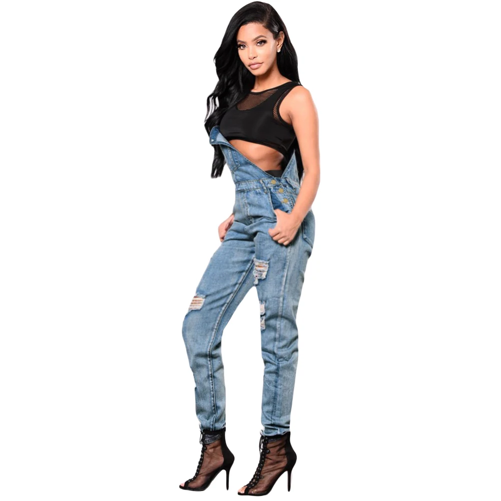 Women Denim Jumpsuit Ripped Hollow Out Overalls Hole Female Pockets