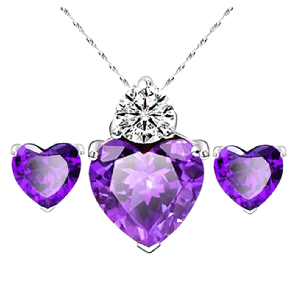 Love Heart Zircon Necklace And Earrings Sets for Women Wedding Silver