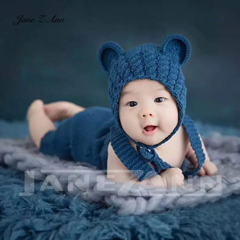 Jane Z Ann Baby 3-4 месяца 100 дней фотография Реквизит медведь красный синий 2 цвета шляпа + комбинезон студия съемок вязаная одежда комплект