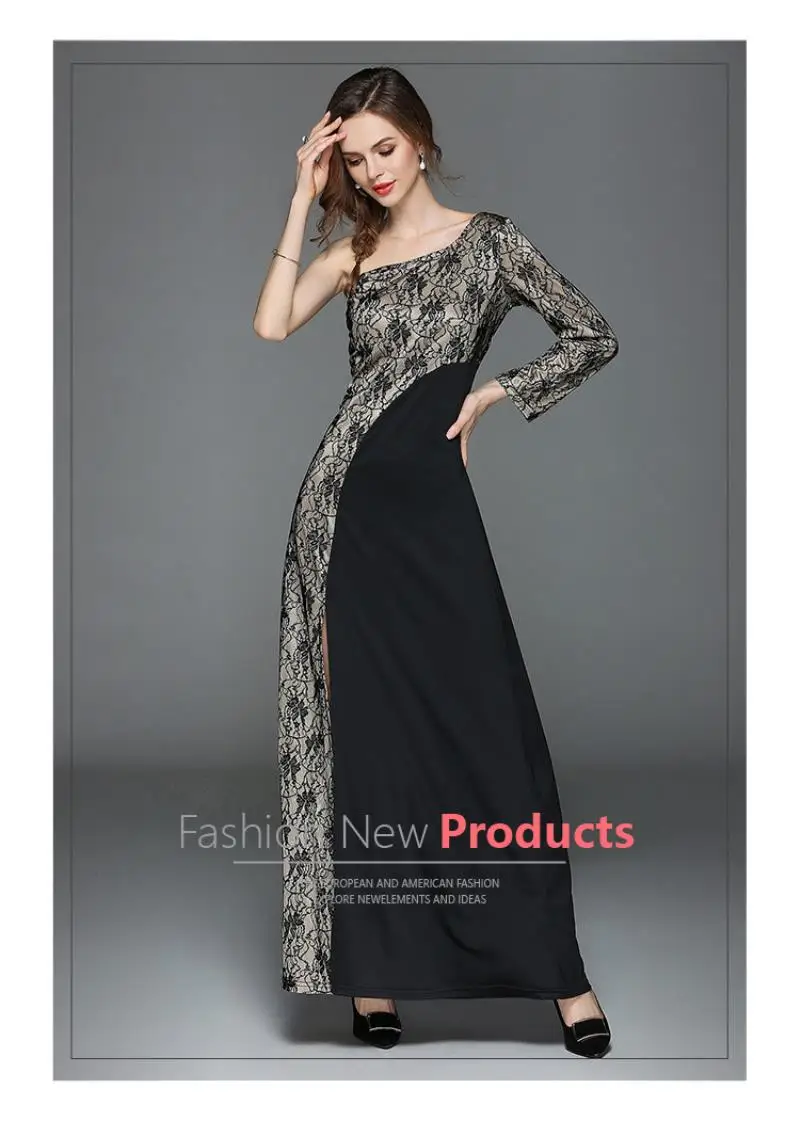 2018 spring summer new fashion sexy women lace dress shoulder sleeve bare shoulder slim female lace formal dress long dress