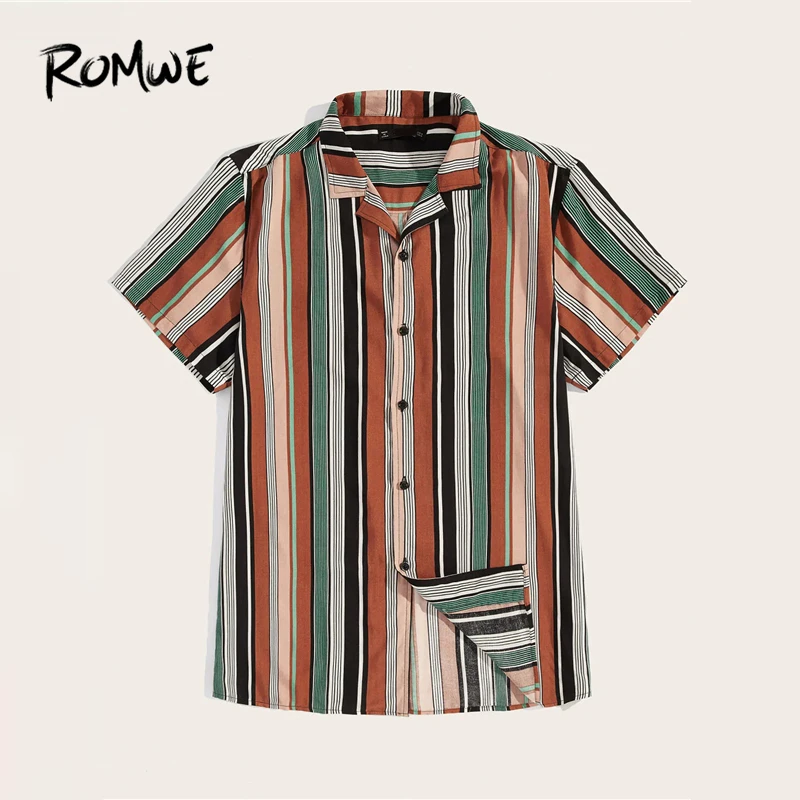 

ROMWE Men Notched Colorblock Striped Blouse 2019 Turn Down Collar Summer Short Sleeve Shirts Swish Single Breasted Tops