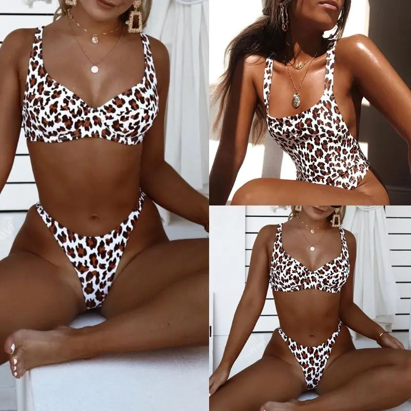 

Women Sexy Two Piece Bra Set Vintage Boho Leopard Printed Underwire Bra Low Waist High Cut Thong Backless