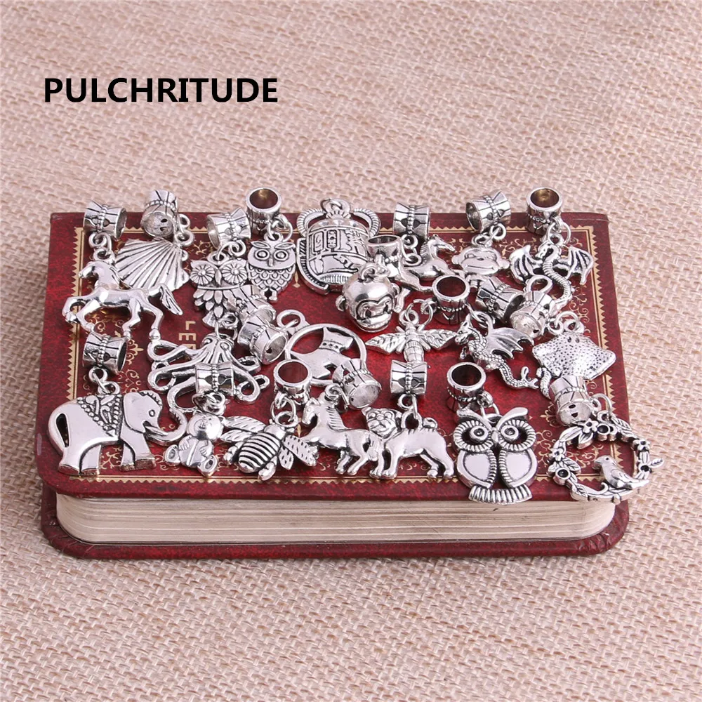 

PULCHRITUDE 20pcs/lot Zinc Alloy Antique Silver Color Connect Big Hole Beads Animal Charm Fit Jewelry Making C0055